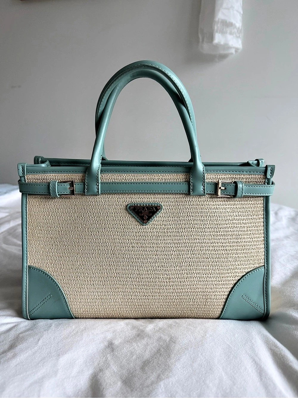 Prada Buckle Canvas and Leather Tote Bag in Green & Beige